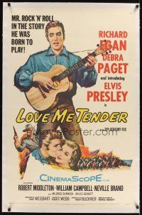 3k400 LOVE ME TENDER linen 1sh '56 1st Elvis Presley, artwork with Debra Paget & playing guitar!