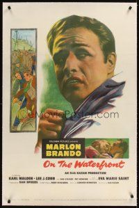 3k436 ON THE WATERFRONT linen 1sh '54 directed by Elia Kazan, classic close up of Marlon Brando!