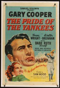 3k450 PRIDE OF THE YANKEES linen 1sh R49 Gary Cooper as Lou Gehrig, Babe Ruth himself in uniform!
