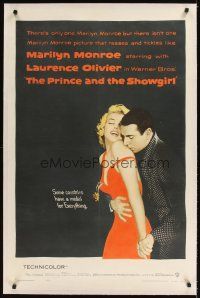3k451 PRINCE & THE SHOWGIRL linen 1sh '57 Laurence Olivier nuzzles sexy Marilyn Monroe's shoulder!