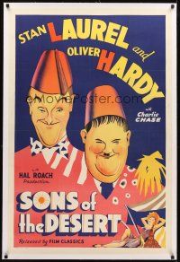 3k490 SONS OF THE DESERT linen 1sh R45 Hal Roach, wonderful artwork of Stan Laurel & Oliver Hardy!