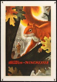 3k192 WESTERN - WINCHESTER linen 28x42 advertising poster '55 Pursell art of hunter & squirrel!