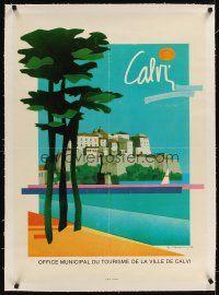 3k163 CALVI linen French travel poster '86 great artwork of beach resort in France by B. Claeneu!