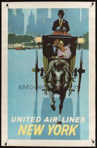 3k159 UNITED AIRLINES: NEW YORK linen travel poster 1960s art of couple in carriage by Stan Galli!