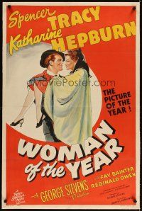 3k543 WOMAN OF THE YEAR linen style D 1sh '42 stone litho of Spencer Tracy & Katharine Hepburn!