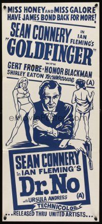 3m346 GOLDFINGER/DR. NO New Zealand daybill '66 Sean Connery as James Bond + Miss Honey & Miss Galore!