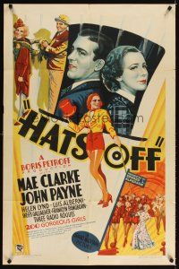 3m082 HATS OFF 1sh '36 Mae Clarke, John Payne, first Sam Fuller, cool design & stone litho art!