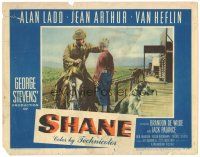3m559 SHANE LC #5 '53 best card in set, Alan Ladd in buckskin on horseback with Brandon de Wilde!
