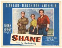 3m560 SHANE LC #6 '53 posed studio portrait of Alan Ladd, Jean Arthur & Van Heflin with guns!