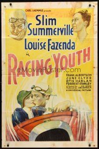 3m097 RACING YOUTH 1sh '32 art of Slim Summerville stealing kiss from Louise Fazenda in race car!