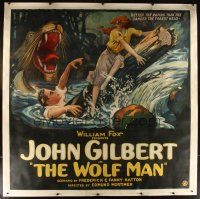 3p220 WOLF MAN linen 6sh '24 stone litho of Norma Shearer & John Gilbert in river rapids by wolf!