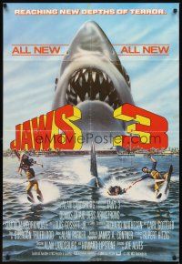 3t013 JAWS 3-D English 1sh '83 great Gary Meyer shark artwork, the third dimension is terror!