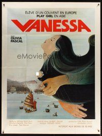 3x977 VANESSA French 1p '77 great artwork of sexy topless Olivia Pascal over Hong Kong!