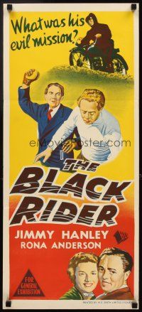 3y475 BLACK RIDER Aust daybill '54 English crime, Jimmy Hanley, what was his evil mission?