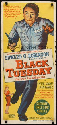 3y478 BLACK TUESDAY Aust daybill '55 art of sexy Jean Parker & full-length Edward G. Robinson!