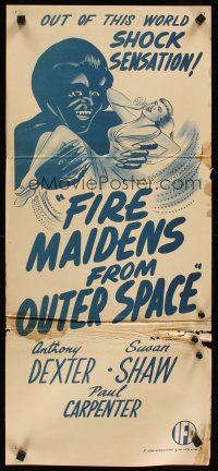 3y597 FIRE MAIDENS OF OUTER SPACE Aust daybill '56 great art of monster holding sexy babe!