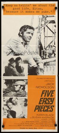 3y602 FIVE EASY PIECES Aust daybill '70 close up of Jack Nicholson, directed by Bob Rafelson!