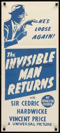 3y689 INVISIBLE MAN RETURNS Aust daybill R60s Vincent Price, Hardwicke, H.G. Wells, sci-fi!
