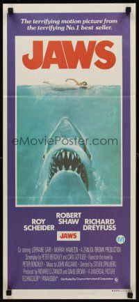 3y695 JAWS Aust daybill '75 art of Spielberg's classic man-eating shark attacking sexy swimmer!