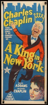 3y720 KING IN NEW YORK Aust daybill '57 artwork of Charlie Chaplin, Dawn Addams!