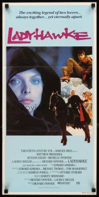 3y727 LADYHAWKE Aust daybill '85 different image of Michelle Pfeiffer & young Matthew Broderick!