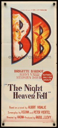 3y805 NIGHT HEAVEN FELL Aust daybill '58 sexy Brigitte Bardot, Stephen Boyd, Alida Valli
