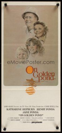 3y823 ON GOLDEN POND Aust daybill '81 art of Hepburn, Henry Fonda, and Jane Fonda by C.D. de Mar!
