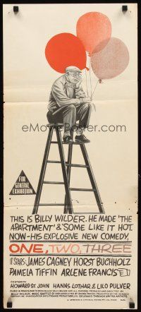 3y827 ONE, TWO, THREE Aust daybill '62 Saul Bass art, Billy Wilder on ladder with balloons!