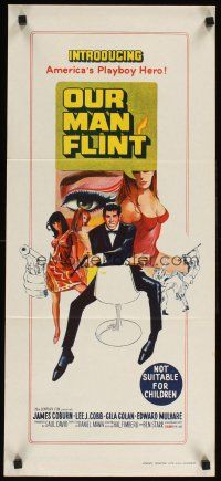 3y829 OUR MAN FLINT Aust daybill '66 art of James Coburn, sexy James Bond spy spoof!