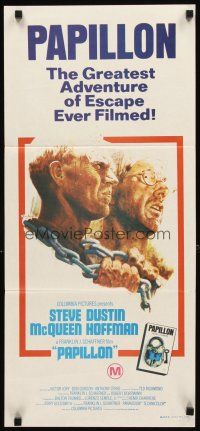 3y834 PAPILLON Aust daybill '73 art of prisoners Steve McQueen & Dustin Hoffman by Tom Jung!