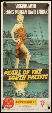 3y836 PEARL OF THE SOUTH PACIFIC Aust daybill '55 sexy Virginia Mayo in sarong & Dennis Morgan!