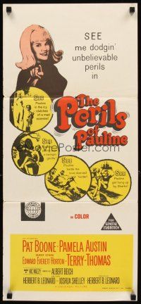 3y838 PERILS OF PAULINE Aust daybill '67 Pamela Austin dodges unbelievable perils!