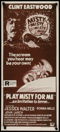 3y845 PLAY MISTY FOR ME Aust daybill '71 Clint Eastwood, Jessica Walter, an invitation to terror!