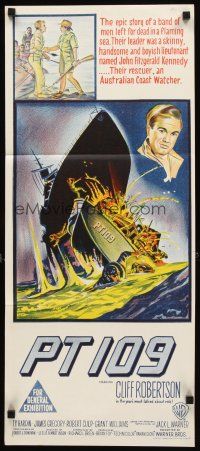 3y859 PT 109 Aust daybill '63 Cliff Robertson as John F. Kennedy in WWII, sinking ship art!