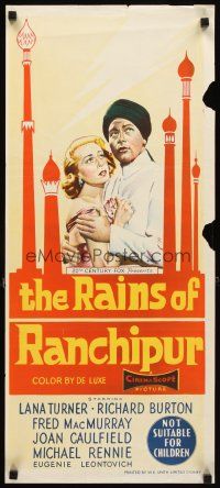 3y864 RAINS OF RANCHIPUR Aust daybill '55 art of turbaned Richard Burton & Lana Turner!