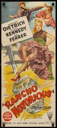 3y867 RANCHO NOTORIOUS Aust daybill '52 Fritz Lang, stone litho of Marlene Dietrich showing leg!
