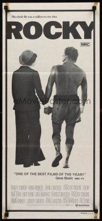 3y884 ROCKY white style Aust daybill '77 boxer Sylvester Stallone holding hands with Talia Shire!