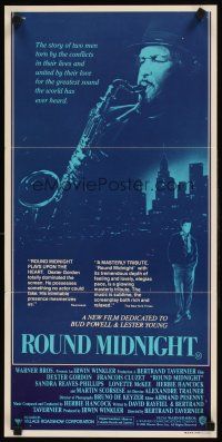 3y891 ROUND MIDNIGHT Aust daybill '86 Dexter Gordon with saxophone, Bertrand Tavernier