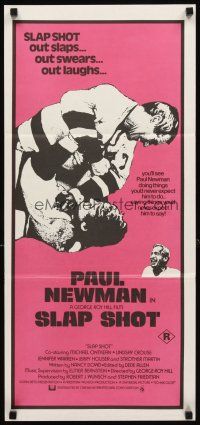 3y924 SLAP SHOT Aust daybill '77 ice hockey, cool image of Paul Newman fighting!