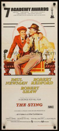 3y960 STING Aust daybill '74 best artwork of con men Paul Newman & Robert Redford by Richard Amsel