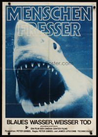 3y192 BLUE WATER, WHITE DEATH German '71 cool super close image of great white shark w/open mouth!
