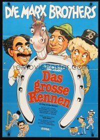 3y214 DAY AT THE RACES German R82 Hirschfeld-esque artwork of the Marx Brothers, horse racing!