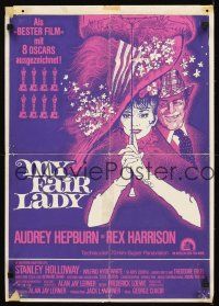 3y166 MY FAIR LADY German 16x23 R69 classic art of Audrey Hepburn & Rex Harrison by Bob Peak!