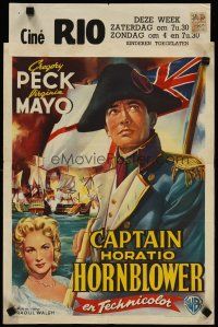 4a397 CAPTAIN HORATIO HORNBLOWER Belgian '51 Gregory Peck with sword & pretty Virginia Mayo!