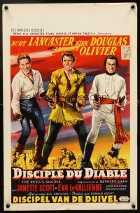 4a409 DEVIL'S DISCIPLE Belgian '59 art of Burt Lancaster, Kirk Douglas & Laurence Olivier w/2 guns