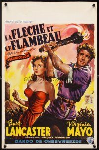 4a420 FLAME & THE ARROW Belgian '50 great art of Burt Lancaster protecting sexy Virginia Mayo!