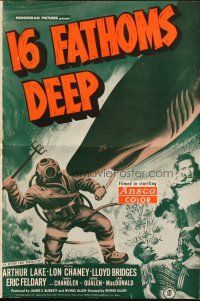 4e447 16 FATHOMS DEEP pressbook '48 Lon Chaney Jr, great art of deep sea diver vs killer shark!