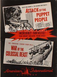 4e461 ATTACK OF THE PUPPET PEOPLE/WAR OF COLOSSAL BEAST pressbook '58 Bert I. Gordon double bill!