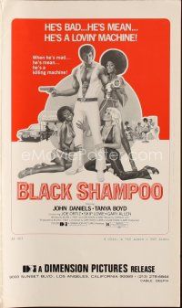 4e467 BLACK SHAMPOO pressbook '76 John Daniels, wild blaxploitation art, he's a lovin' machine!
