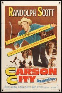 4c145 CARSON CITY 1sh '52 Randolph Scott in Nevada with a gun and a grin!